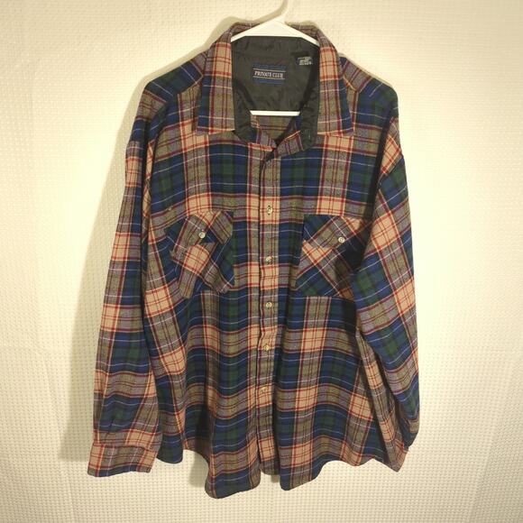 Private Club 2XL Flannel Shirt Men Red Green Blue Plaid Long Sleeve Button Front - Picture 1 of 3